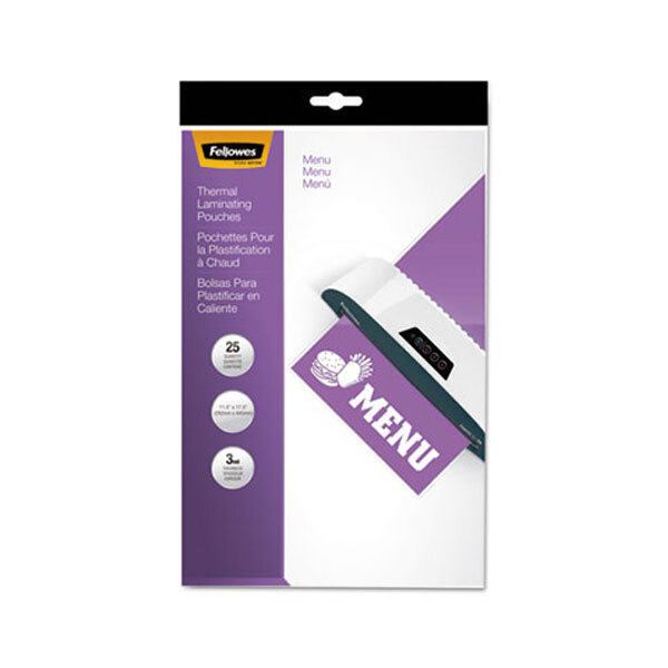 A purple and white package of Fellowes Menu Laminating Pouches with a menu on it.