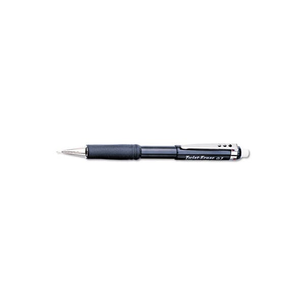 The black barrel and silver tip of a Pentel Twist-Erase III mechanical pencil.