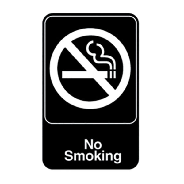 A black and white sign with a no smoking sign and white text.