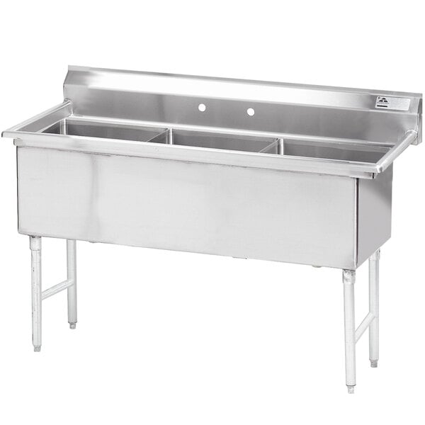 An Advance Tabco stainless steel three compartment pot sink on a counter.