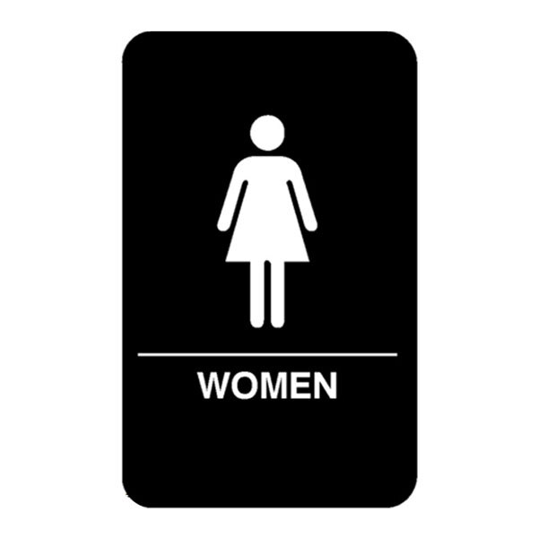 A black and white sign with a woman symbol and the word "women" in white with a white woman silhouette.