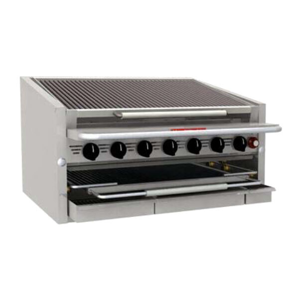A MagiKitch'n stainless steel countertop charbroiler with cast iron radiant grates and four black knobs.