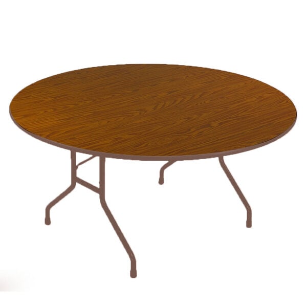 A Correll round folding table with a metal frame.