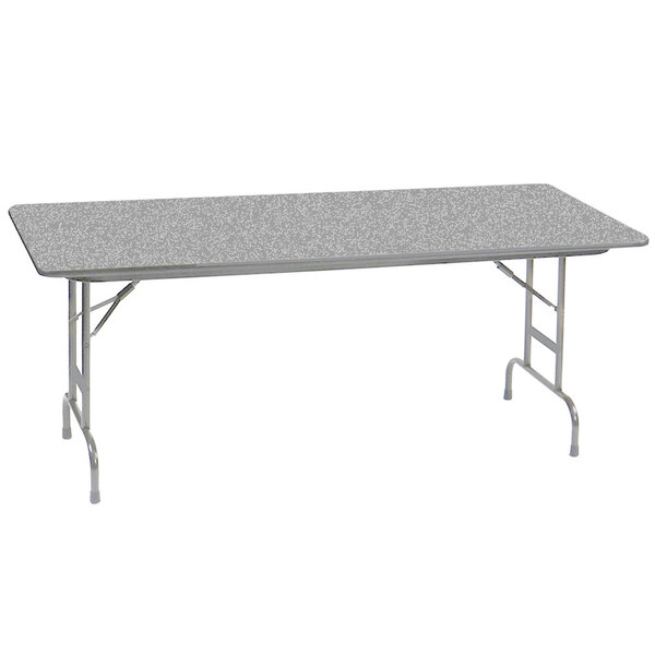 A rectangular Correll folding table with a gray granite top and adjustable legs.