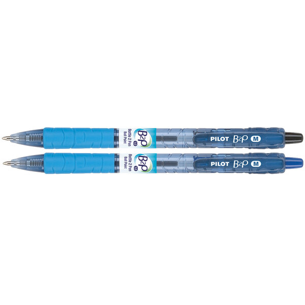 Two Pilot B2P pens with blue ink and assorted barrel colors.