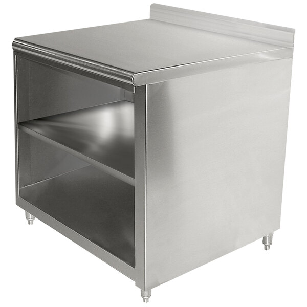 A stainless steel Advance Tabco cabinet base work table with a fixed midshelf.