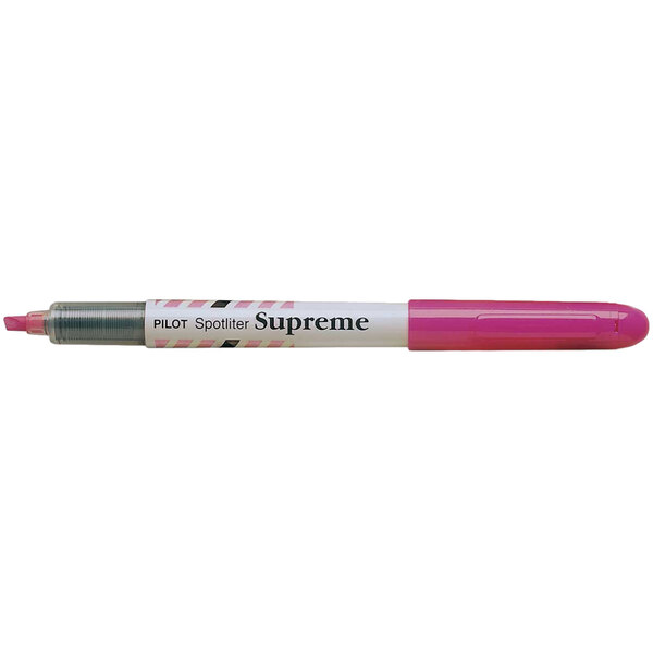 A Pilot Spotliter Supreme pink highlighter pen with a pocket clip.