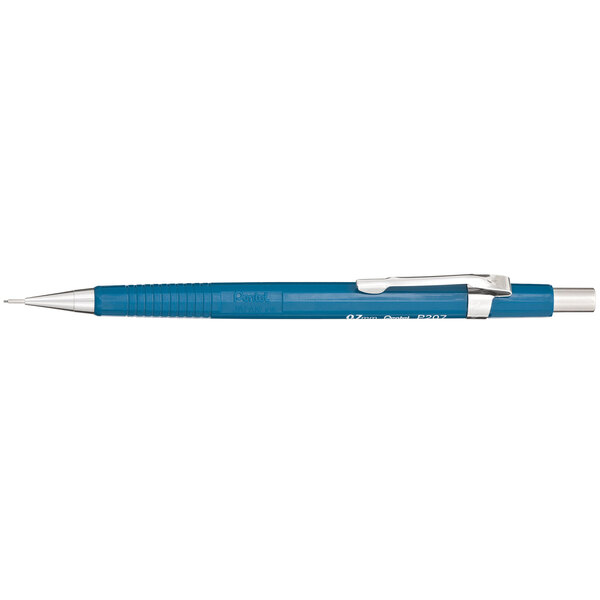 A Pentel P207C blue mechanical drafting pencil with a silver tip.