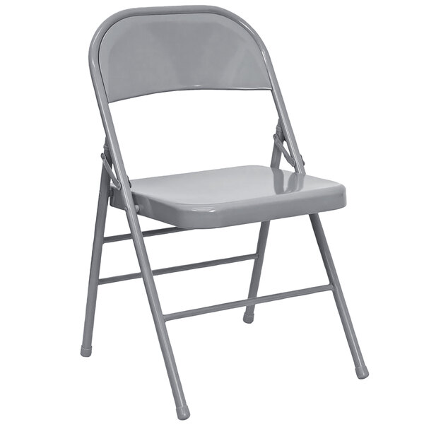 A gray Flash Furniture metal folding chair with a backrest.