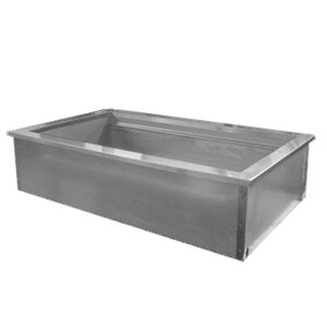 A Delfield drop-in ice-cooled food well with a rectangular metal bottom.