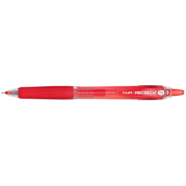 The red Pilot Precise Gel pen with a red barrel and clear tip on a table.