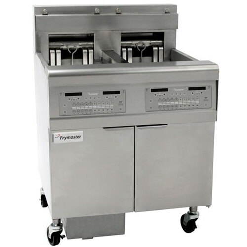 A Frymaster electric floor fryer with three split frypots and wheels.