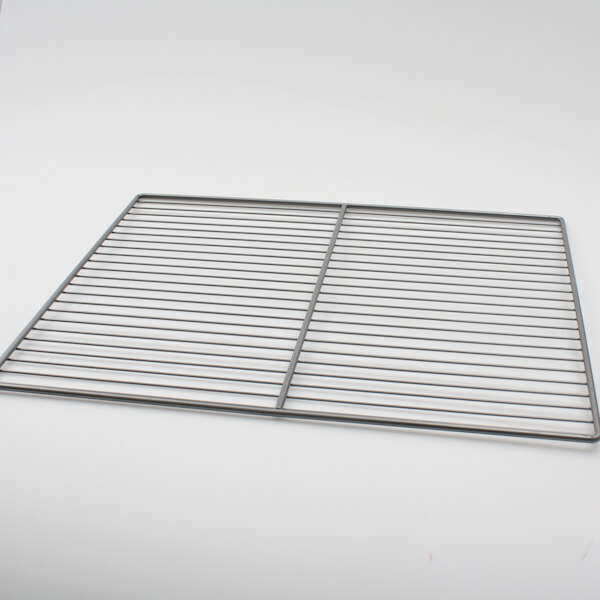 A metal grid shelf for Hobart refrigerators with a white metal panel on top.