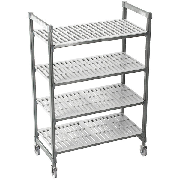 A metal Cambro Camshelving® Premium unit with wheels.