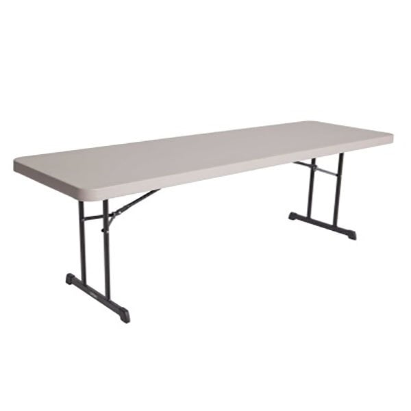 A rectangular white Lifetime folding table with black legs.