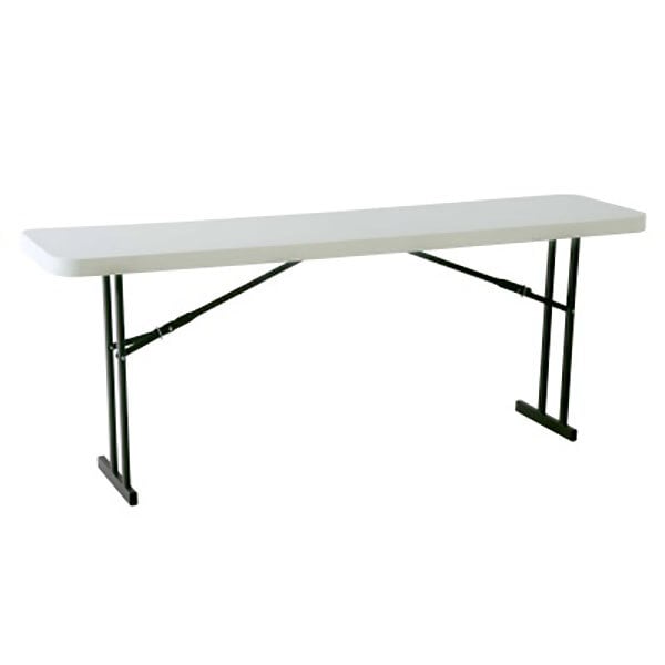 A white rectangular Lifetime seminar table with black legs.