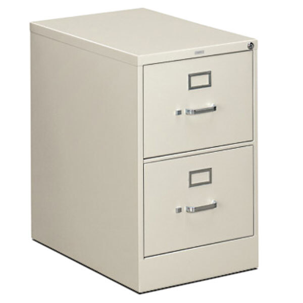 A light gray HON two-drawer file cabinet.