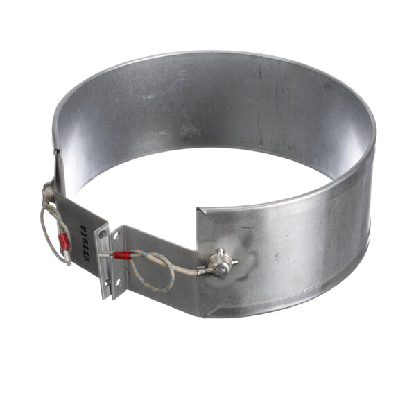 A metal ring with two red wires attached to it.