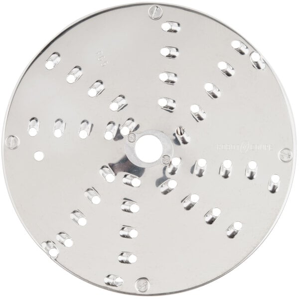A Robot Coupe 3/16" grating and shredding disc, a circular metal disc with holes.
