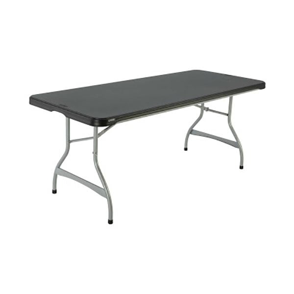 A rectangular black Lifetime plastic folding table with silver legs.