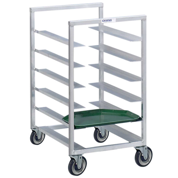 A metal cart with a Channel aluminum tray rack with green wheels and a green tray on it.