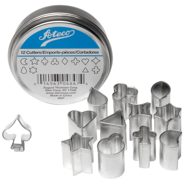 A set of Ateco metal pastry cutters in a tin.