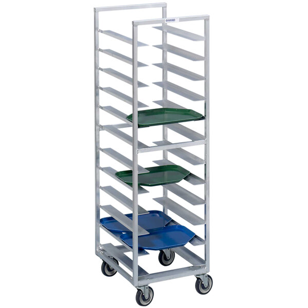A Channel metal tray rack with wheels holding green trays.