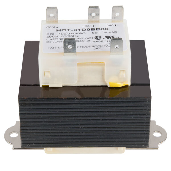 A white electronic transformer with black writing.