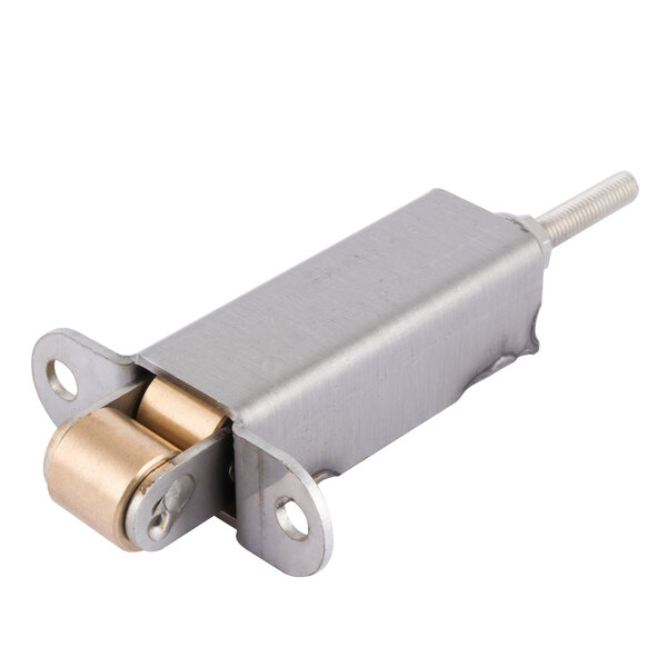 A metal Cooking Performance Group convection oven door latch with a brass roller.