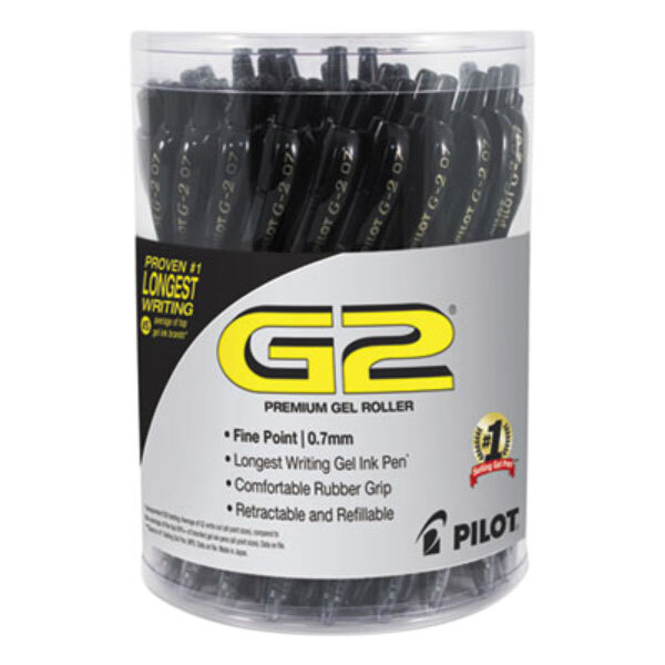 A close-up of a container of Pilot G2 gel pens with a yellow and black label.