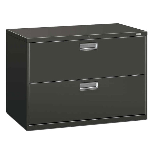 A black HON metal lateral file cabinet with two drawers.