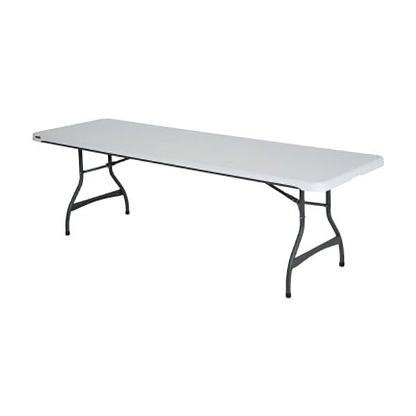 A white rectangular Lifetime plastic table with black legs.