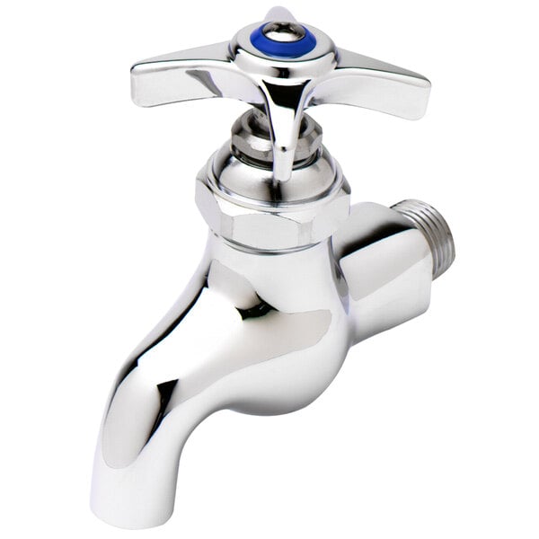A chrome T&S mop sink faucet with a blue knob.