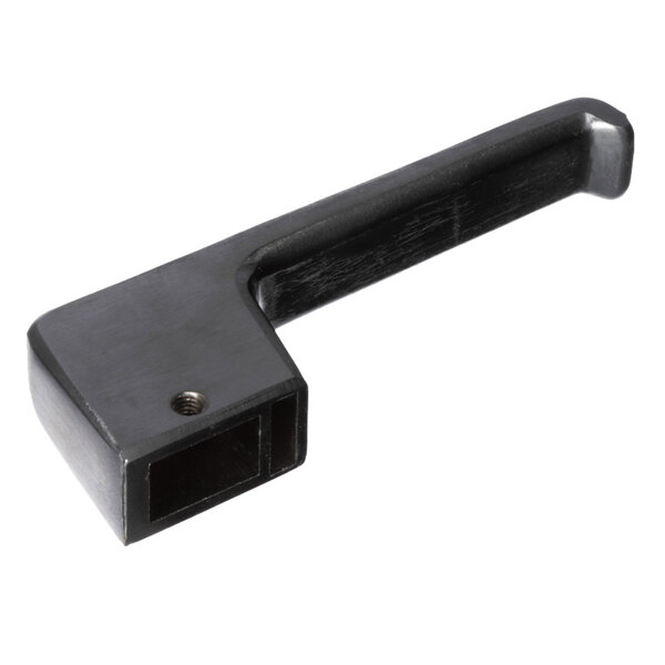A black plastic door handle with a metal insert.
