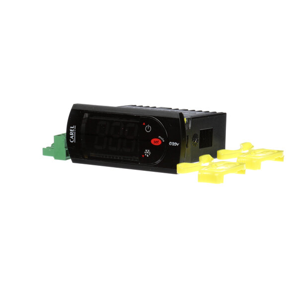 A black electronic device with red buttons and yellow wires.