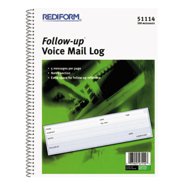 A Rediform wirebound voicemail log book with a white rectangular cover.