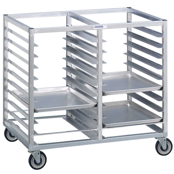 A Channel metal cafeteria tray rack with 40 trays on wheels.