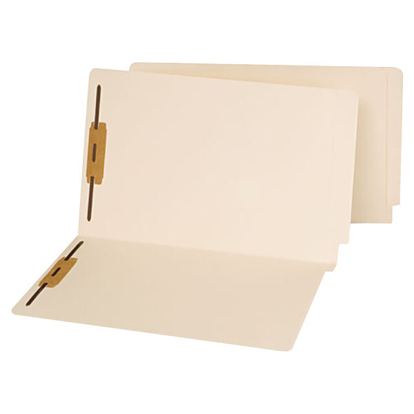 A Universal legal size file folder with 2 gold fasteners on the end tab.