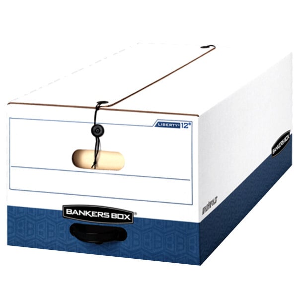 A white and blue Fellowes Banker's Box with a black string and button closure handle.