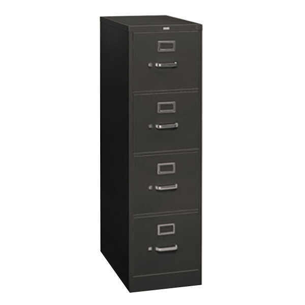 A charcoal HON filing cabinet with four drawers and silver handles.
