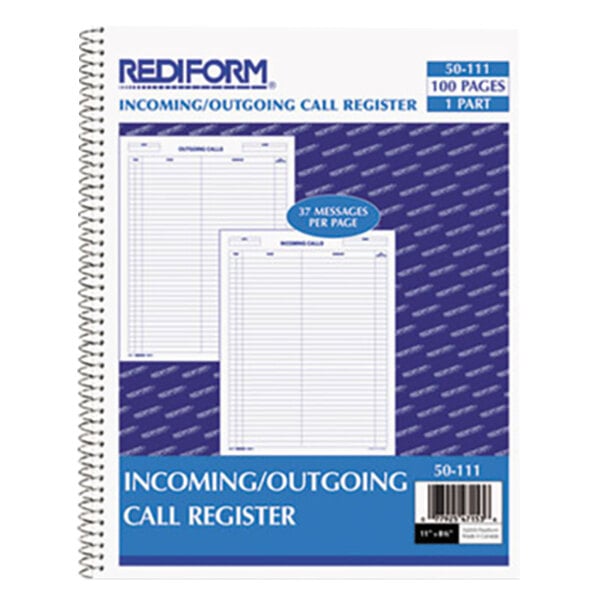 A spiral bound Rediform call register book with a blue and white cover.