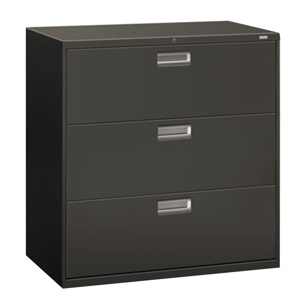 A black HON 3-drawer lateral filing cabinet with silver handles.