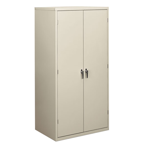 A light gray HON steel storage cabinet with two doors and five shelves.