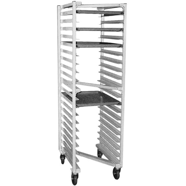 An Eagle Group "Z" type sheet pan rack on wheels with shelves holding a bun tray.