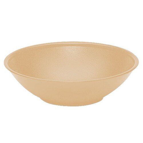 A beige Cambro salad bowl with a white background.