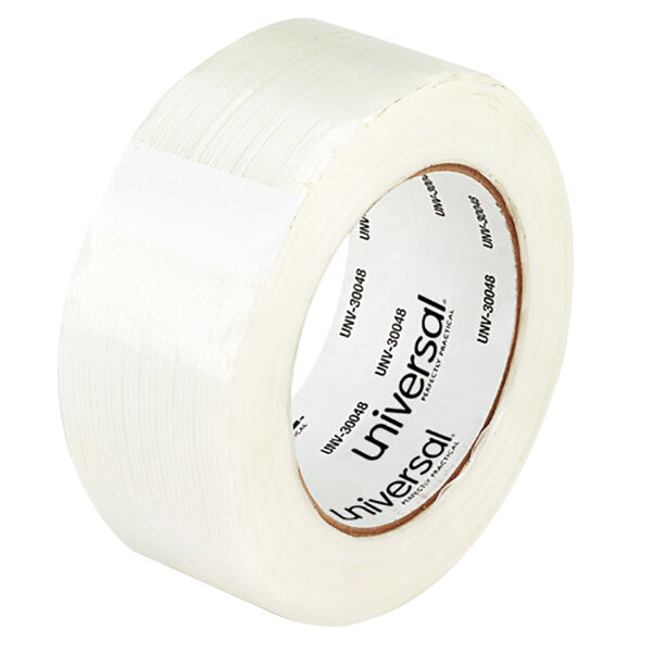 A roll of Universal clear filament tape with a label.