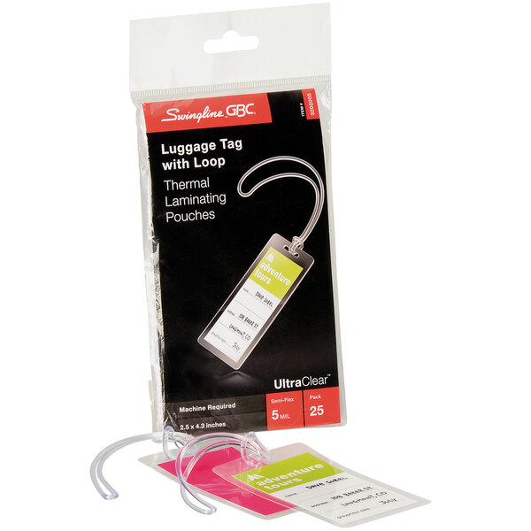 A package of Swingline UltraClear luggage tag laminating pouches with a luggage tag inside.