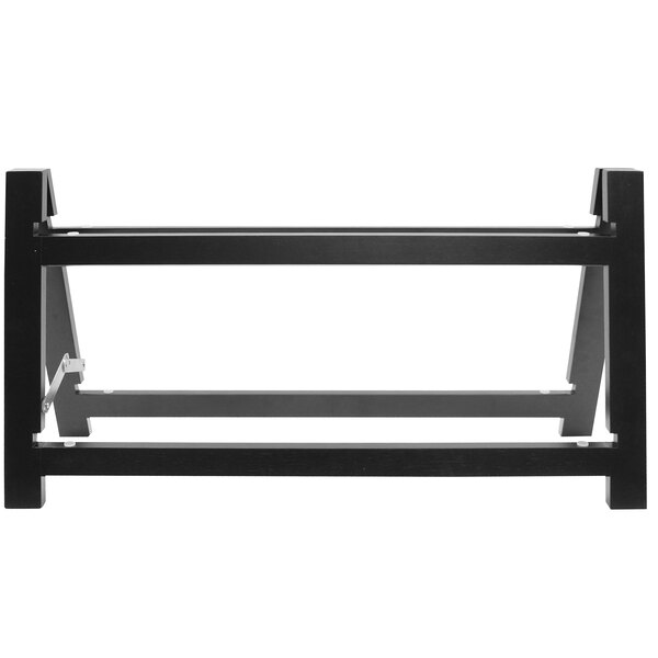 A black wood display riser stand with two shelves.