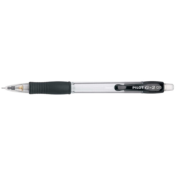 A Pilot G2 mechanical pencil with a clear barrel and silver tip and clip.