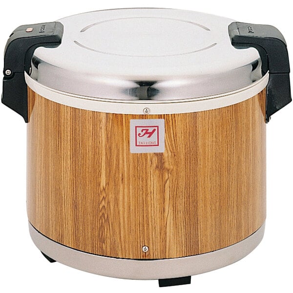 A Thunder Group 30 cup electric rice warmer with a wood grain finish on the silver container.